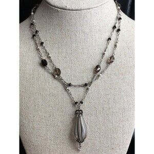 925 sterling silver double layer smoky quartz art glass pearl Necklace 17.5"